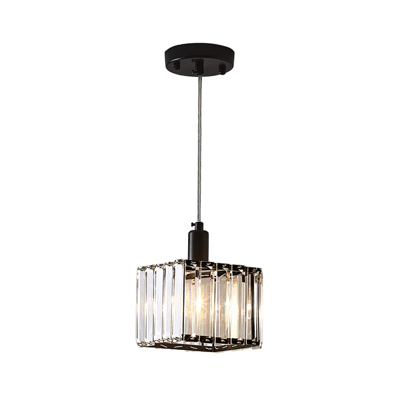 Contemporary Cubic Dining Room Pendant Lamp - 1 Light Black Ceiling Light with Clear Crystal Block