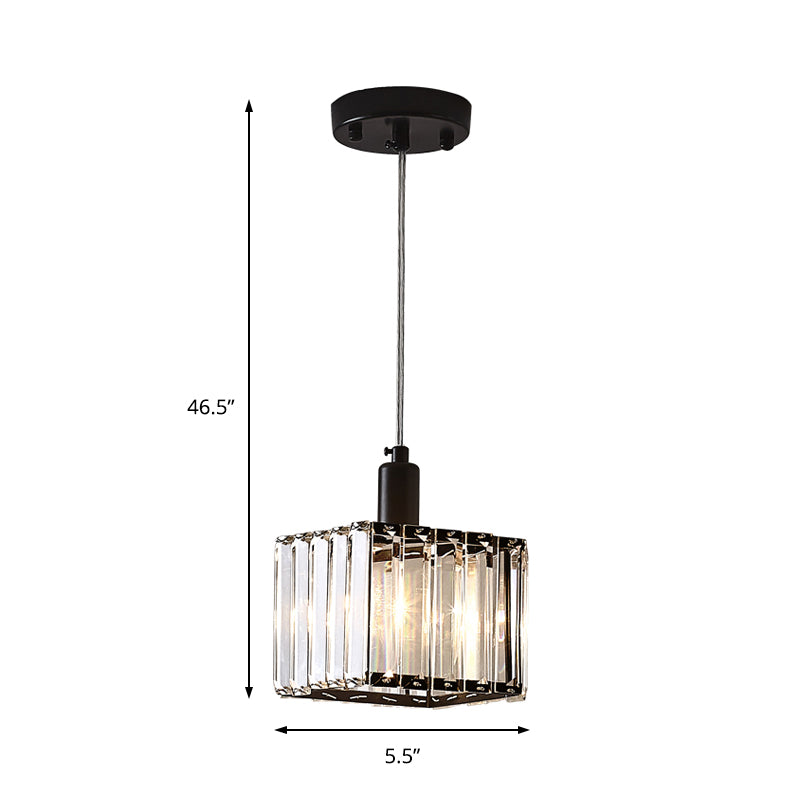 Contemporary Cubic Dining Room Pendant Lamp - 1 Light Black Ceiling Light with Clear Crystal Block