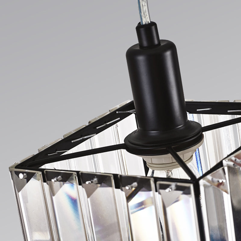 Contemporary Cubic Dining Room Pendant Lamp - 1 Light Black Ceiling Light with Clear Crystal Block