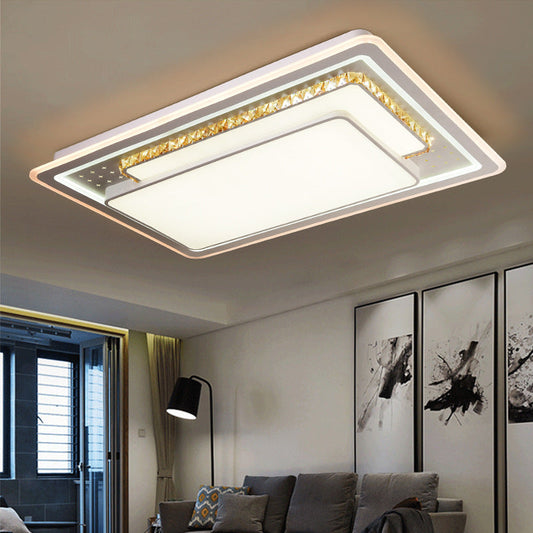 Geometric Crystal LED Ceiling Light for Living Room: Minimal Rectangle Flush Mount with Leaf Pattern & Warm Glow