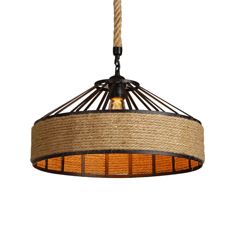 Vintage Style Drum Shade Rope Pendant Ceiling Light in Black for Coffee Shops