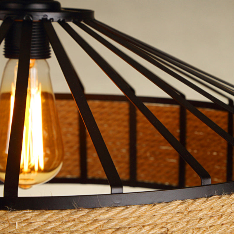 Vintage Style Drum Shade Rope Pendant Ceiling Light in Black for Coffee Shops