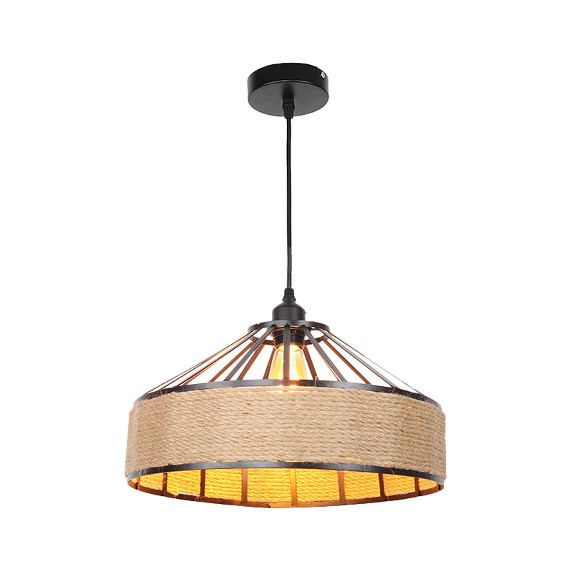 Vintage Style Drum Shade Rope Pendant Ceiling Light in Black for Coffee Shops