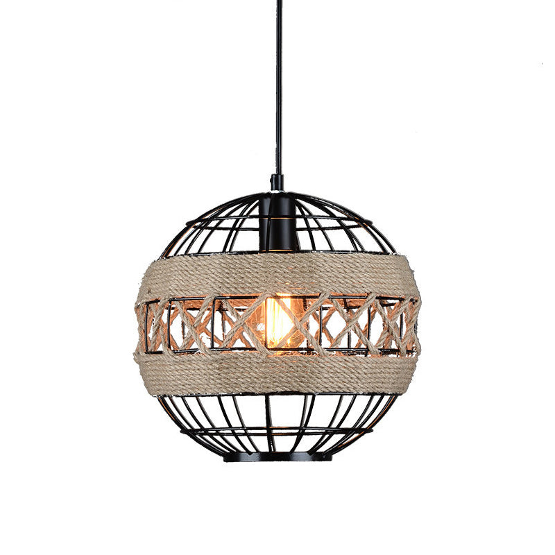 Suspension sphérique élégante avec cadre en métal et détails en corde - Rustique 1 lumière, noir