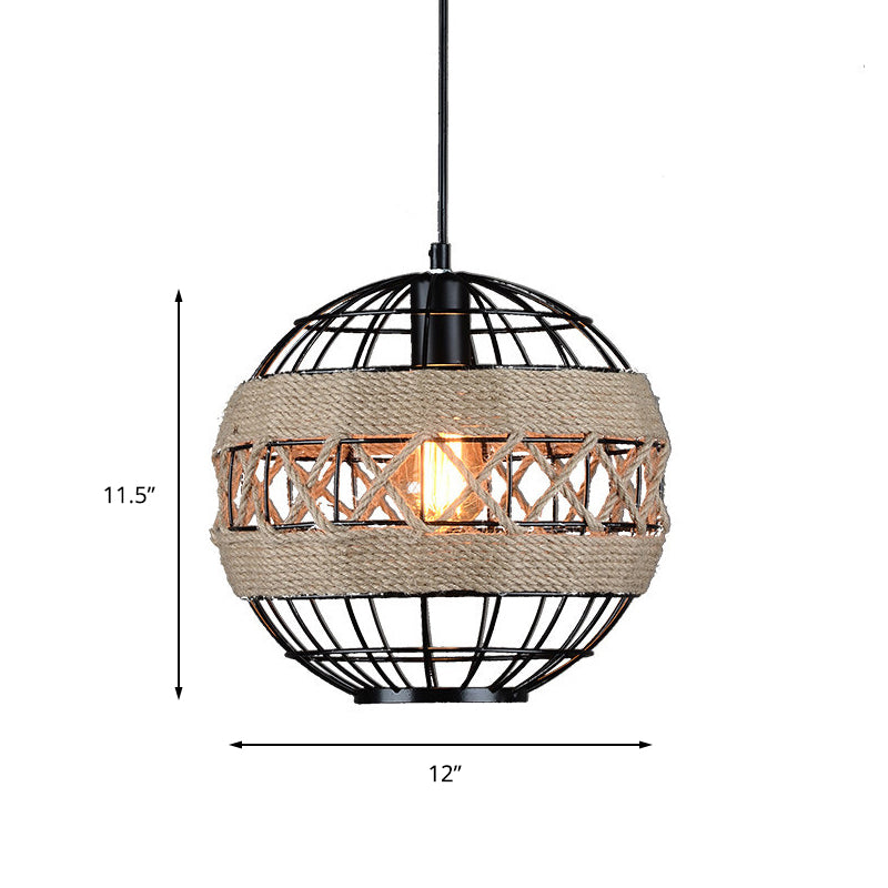 Suspension sphérique élégante avec cadre en métal et détails en corde - Rustique 1 lumière, noir