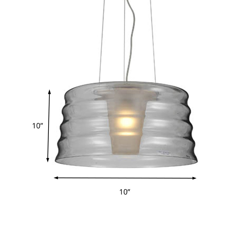 Contemporary Glass Drum Chandelier Pendant - 10"/14" Width, Clear/Smoky Ruffle, 1-Light LED Hanging Light for Living Room