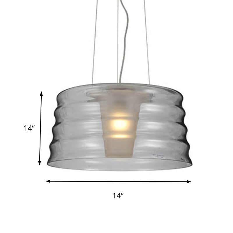 Contemporary 10/14 Wide Drum Chandelier Pendant With Ruffle Glass And Led Lighting For Living Room