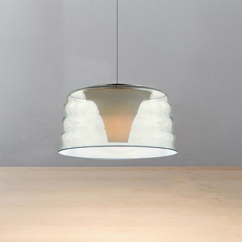 Contemporary 10/14 Wide Drum Chandelier Pendant With Ruffle Glass And Led Lighting For Living Room