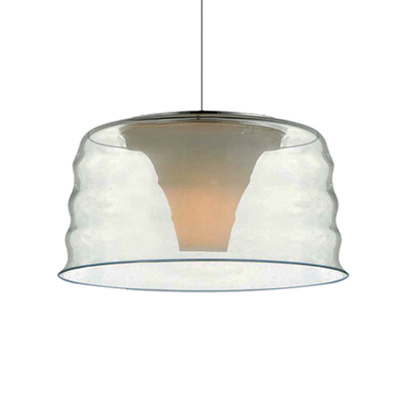 Contemporary 10/14 Wide Drum Chandelier Pendant With Ruffle Glass And Led Lighting For Living Room