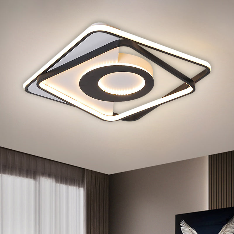 Plafonnier semi-encastré carré en acrylique à LED nordique, largeur de 16"/20", design entrelacé noir et blanc, lumière chaude/blanche