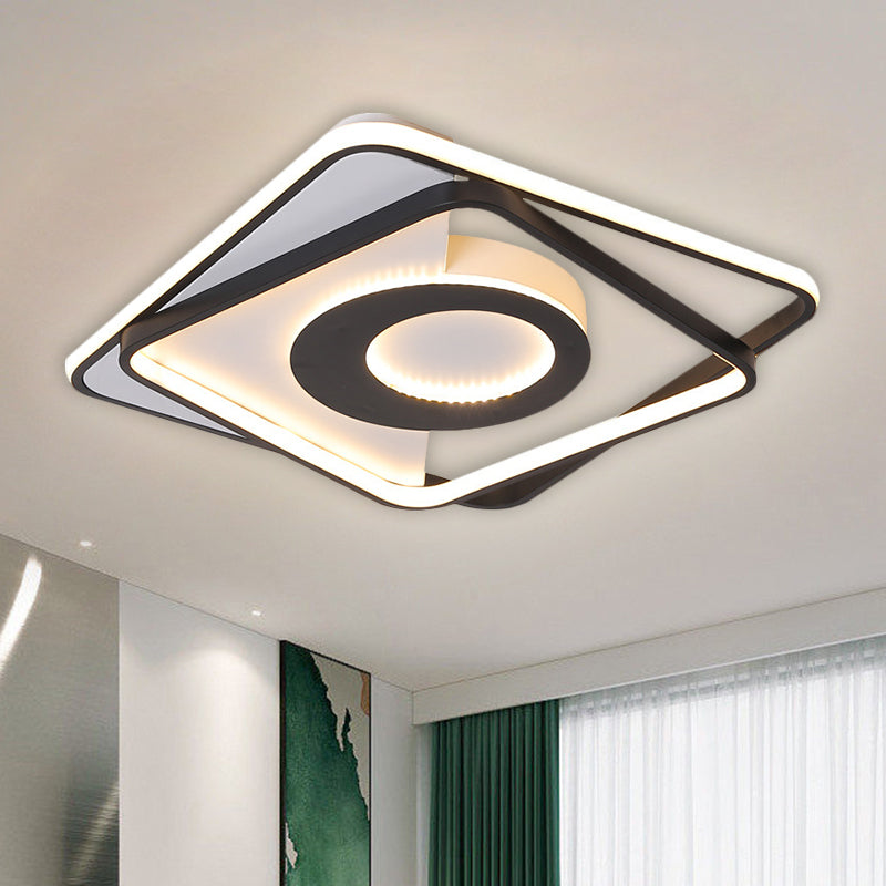 Plafonnier semi-encastré carré en acrylique à LED nordique, largeur de 16"/20", design entrelacé noir et blanc, lumière chaude/blanche
