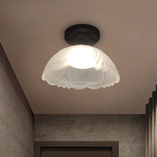 Country Style Ribbed Clear Glass Flower Flush Mount Light Fixture with Black Single Bulb Ceiling Flush