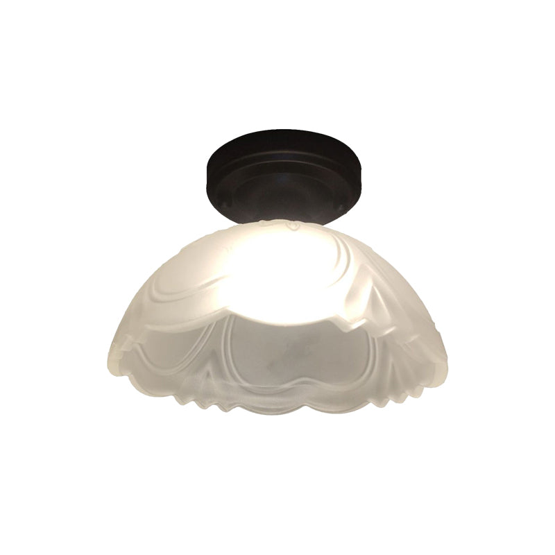 Country Style Ribbed Clear Glass Flower Flush Mount Light Fixture with Black Single Bulb Ceiling Flush