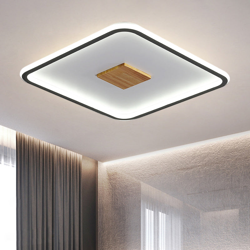 Modernist Metallic Ultrathin Square Ceiling Lamp in Black-White with LED Flush Mount Fixture, Warm/White/3 Color Light Options, 16.5"/20.5" Width