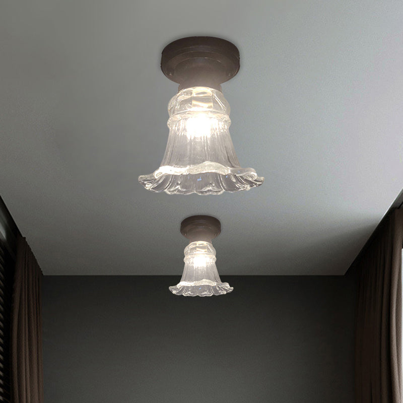 Rustic Fluted Glass Ceiling Lamp: Rural Style Blossom Flush Mount in Black