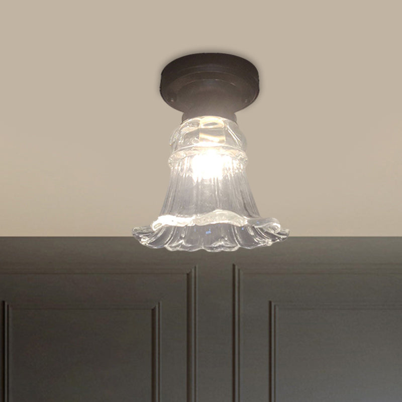 Rustic Fluted Glass Ceiling Lamp: Rural Style Blossom Flush Mount in Black