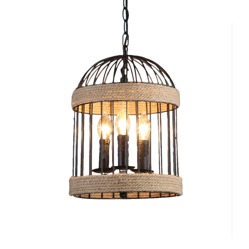 Plafonnier cage à oiseaux vintage noir avec chaîne – Lampe suspendue en métal et corde pour salle à manger