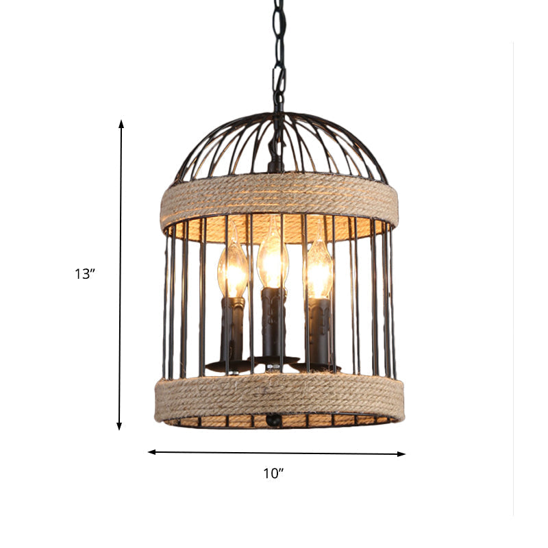 Plafonnier cage à oiseaux vintage noir avec chaîne – Lampe suspendue en métal et corde pour salle à manger