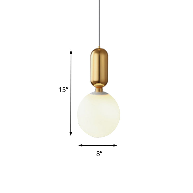Modern Black/Gold/White Ball Pendant Light with Milky Glass Led - 1 Light, 6"/8"/12" Wide Ceiling Fixture