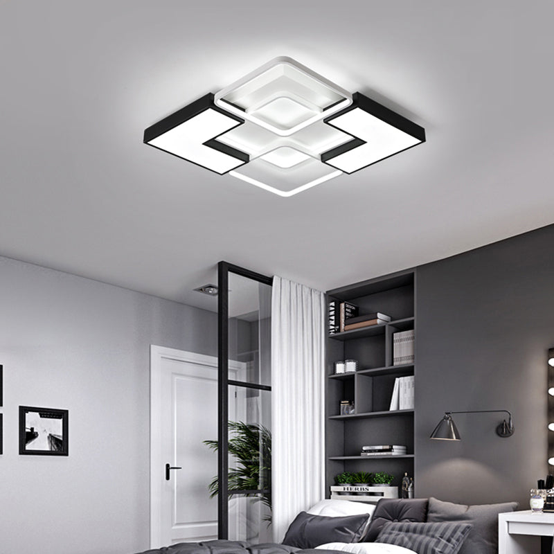 Contemporary Metal LED Ceiling Light Fixture for Living Room - Black, Rectangular/Square Flush Design in Warm/White - 20.5"/27"/31.5" W