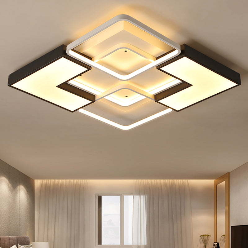 Contemporary Metal LED Ceiling Light Fixture for Living Room - Black, Rectangular/Square Flush Design in Warm/White - 20.5"/27"/31.5" W