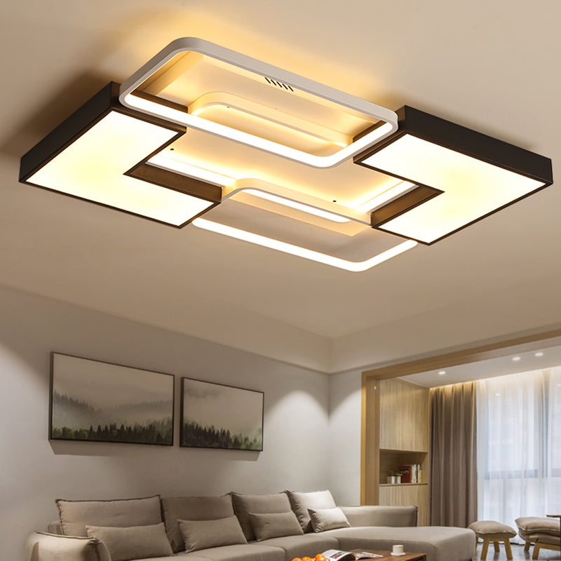 Contemporary Metal LED Ceiling Light Fixture for Living Room - Black, Rectangular/Square Flush Design in Warm/White - 20.5"/27"/31.5" W