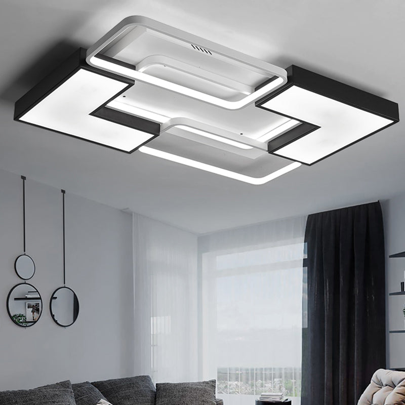 Contemporary Metal LED Ceiling Light Fixture for Living Room - Black, Rectangular/Square Flush Design in Warm/White - 20.5"/27"/31.5" W