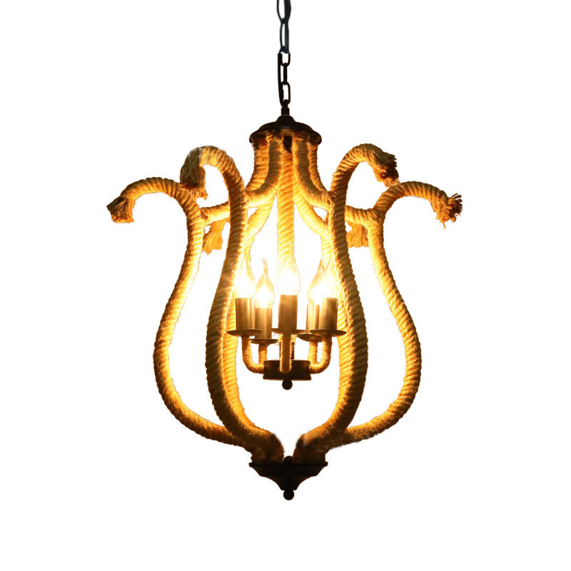 Vintage Brown 5-Head Roped Cage Chandelier With Flower Shade - Ideal For Restaurants