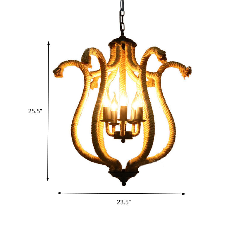 Vintage Brown 5-Head Roped Cage Chandelier With Flower Shade - Ideal For Restaurants