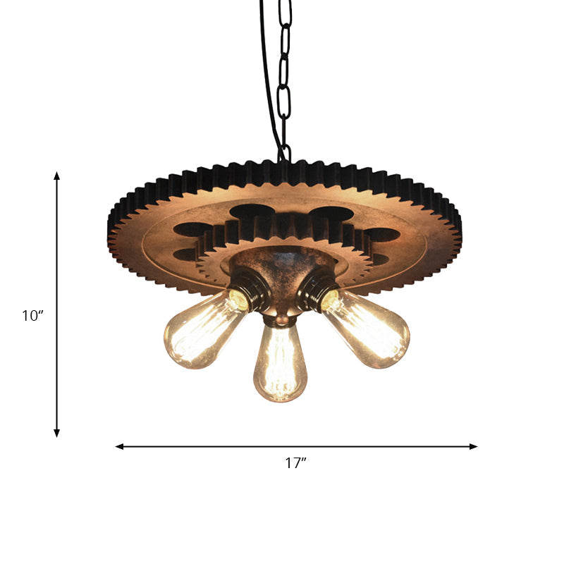 Suspension industrielle rétro à 3 têtes avec finition rouille foncée - Ampoules apparentes, construction en métal et décoration d'engrenage - Idéal pour l'éclairage de lustre des restaurants