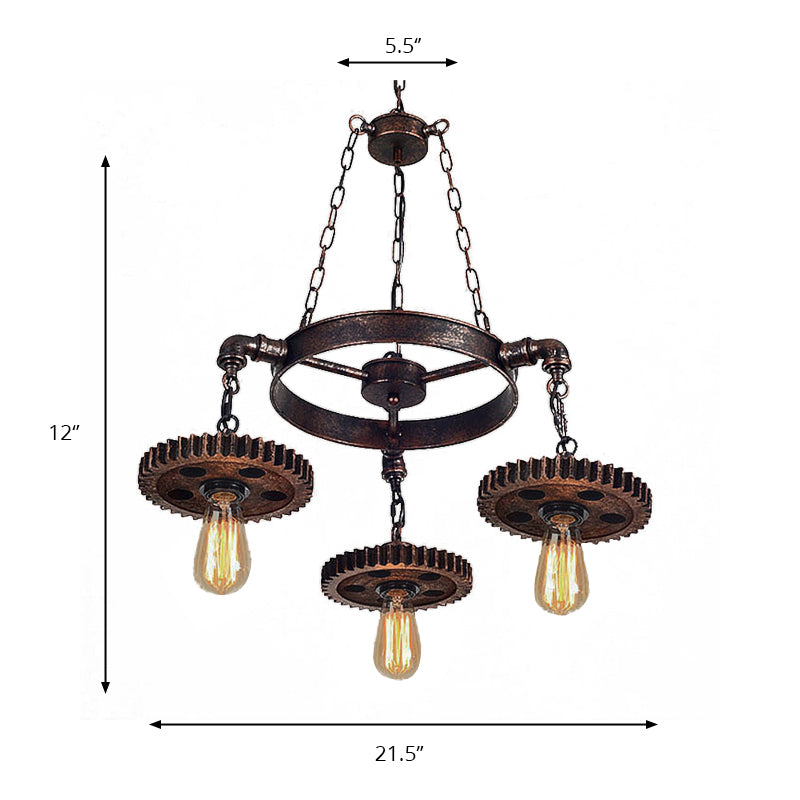 Suspension industrielle rétro à 3 têtes avec finition rouille foncée - Ampoules apparentes, construction en métal et décoration d'engrenage - Idéal pour l'éclairage de lustre des restaurants