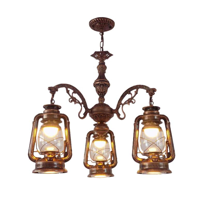 Lustre industriel suspendu pour cuisine - Verre transparent avec motif lanterne noir/argenté/rouge