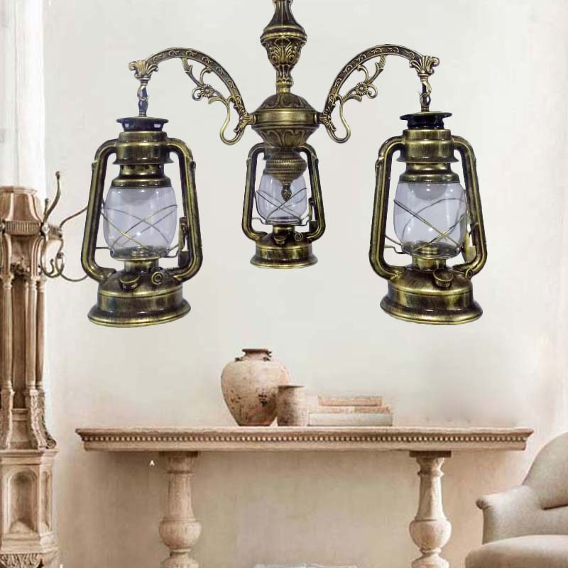 Lustre industriel suspendu pour cuisine - Verre transparent avec motif lanterne noir/argenté/rouge