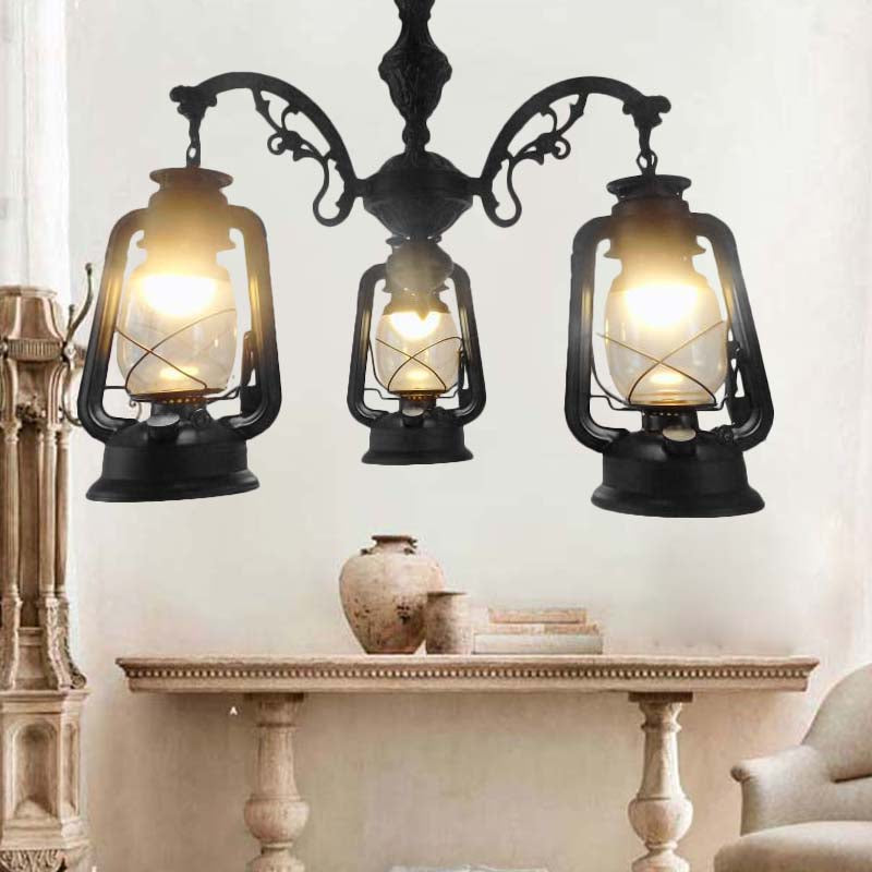 Lustre industriel suspendu pour cuisine - Verre transparent avec motif lanterne noir/argenté/rouge