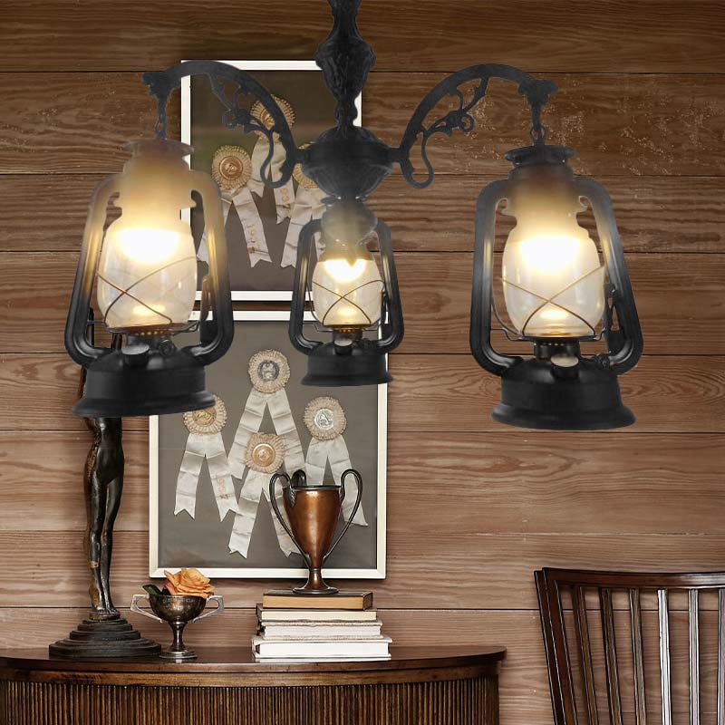 Lustre industriel suspendu pour cuisine - Verre transparent avec motif lanterne noir/argenté/rouge