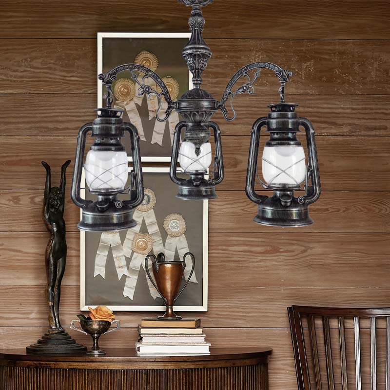 Lustre industriel suspendu pour cuisine - Verre transparent avec motif lanterne noir/argenté/rouge