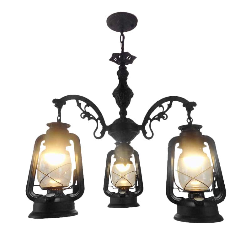 Lustre industriel suspendu pour cuisine - Verre transparent avec motif lanterne noir/argenté/rouge