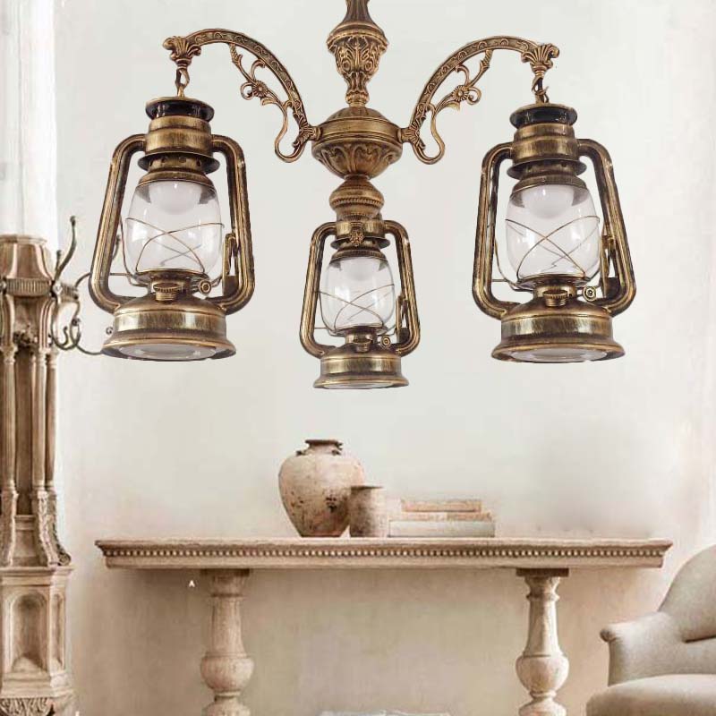 Lustre industriel suspendu pour cuisine - Verre transparent avec motif lanterne noir/argenté/rouge