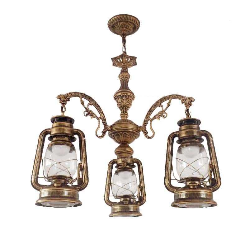 Lustre industriel suspendu pour cuisine - Verre transparent avec motif lanterne noir/argenté/rouge