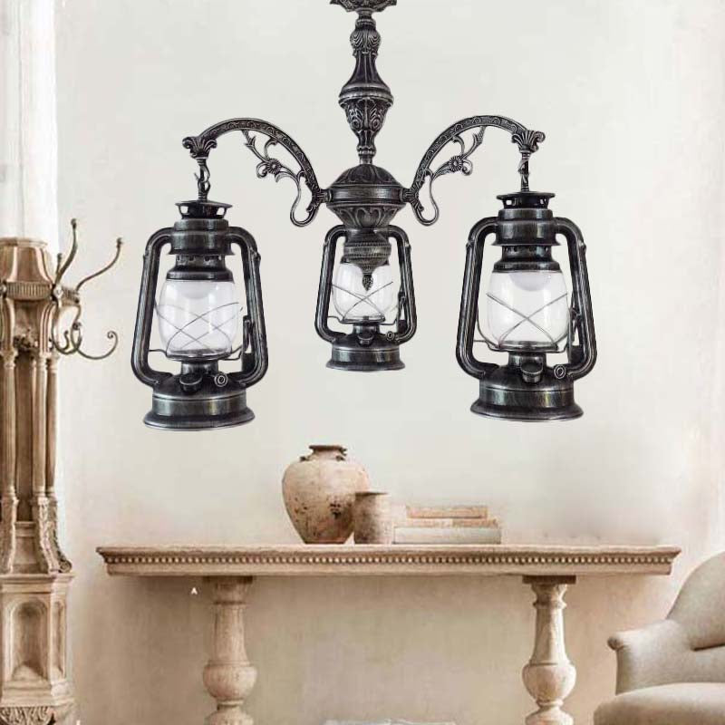 Lustre industriel suspendu pour cuisine - Verre transparent avec motif lanterne noir/argenté/rouge