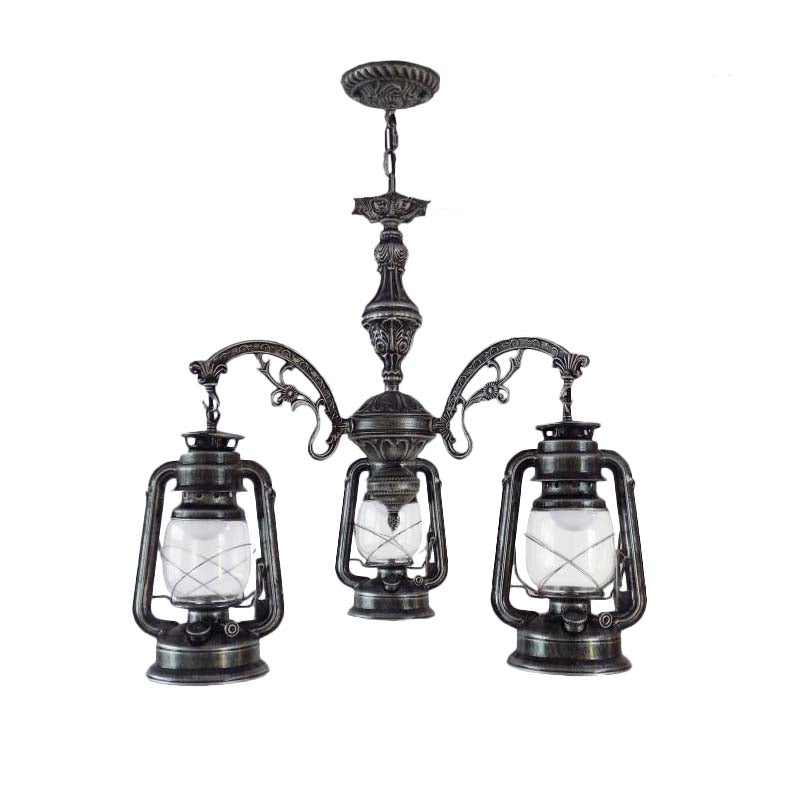 Lustre industriel suspendu pour cuisine - Verre transparent avec motif lanterne noir/argenté/rouge