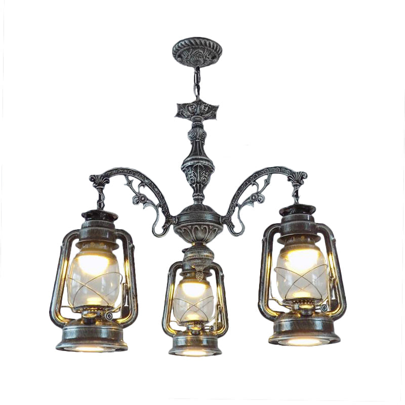 Lustre industriel suspendu pour cuisine - Verre transparent avec motif lanterne noir/argenté/rouge