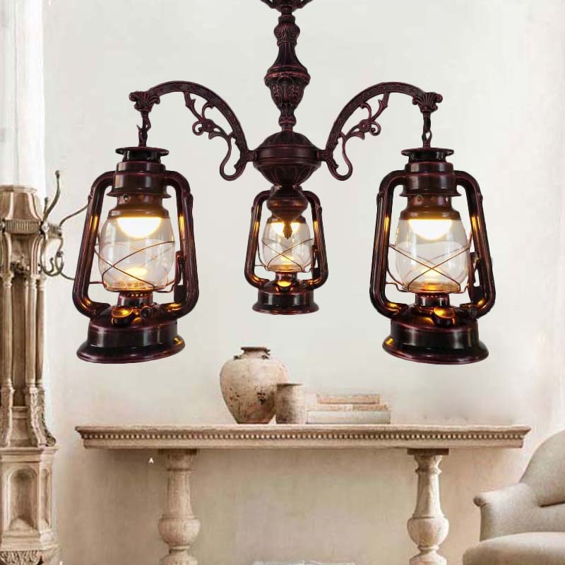 Lustre industriel suspendu pour cuisine - Verre transparent avec motif lanterne noir/argenté/rouge