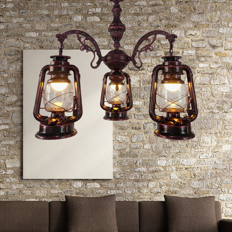Lustre industriel suspendu pour cuisine - Verre transparent avec motif lanterne noir/argenté/rouge