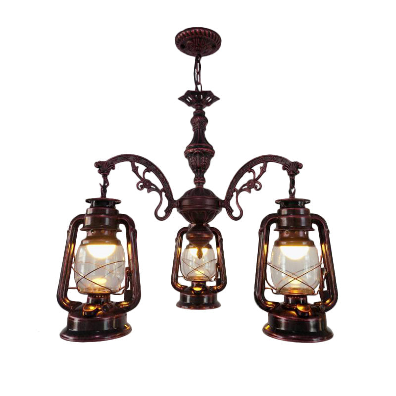 Lustre industriel suspendu pour cuisine - Verre transparent avec motif lanterne noir/argenté/rouge