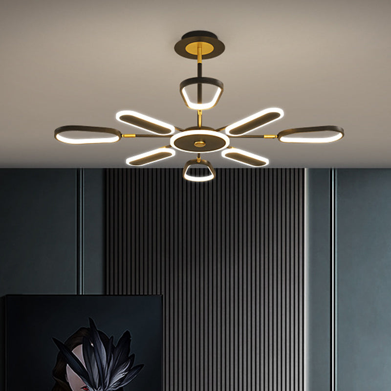Minimalist Black Chandelier Lamp for Bedroom – 6/8 Bulbs, Ellipse Metallic Shade, Ceiling Light