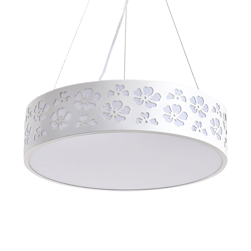 Noemi - Nordic Drum Hanging Light Metal Led White Ceiling With Etched Flower In White/Warm/Natural