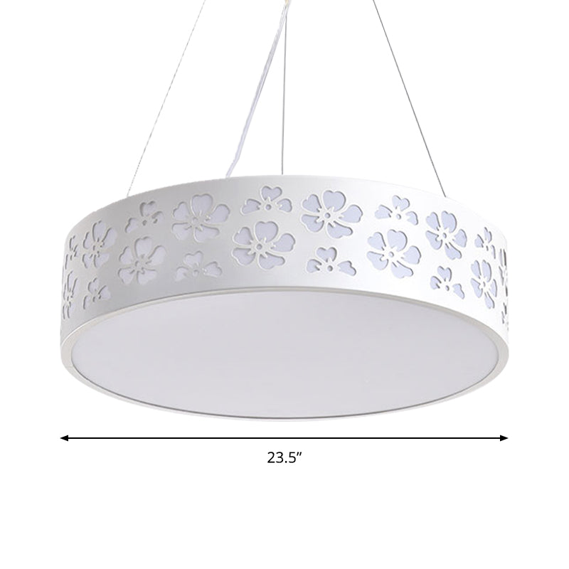 Noemi - Nordic Drum Hanging Light Metal Led White Ceiling With Etched Flower In White/Warm/Natural