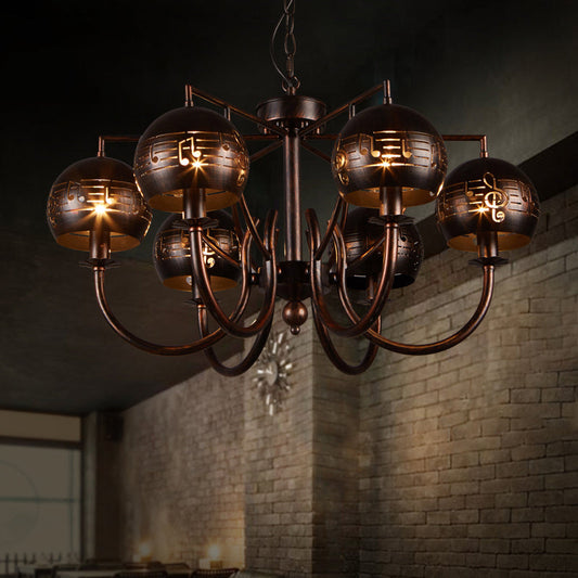 Retro 6-Light Rust Pendant Chandelier with Musical Note Metal – Ideal for Restaurants