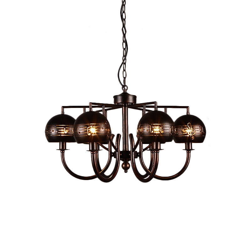 Retro 6-Light Rust Pendant Chandelier with Musical Note Metal – Ideal for Restaurants